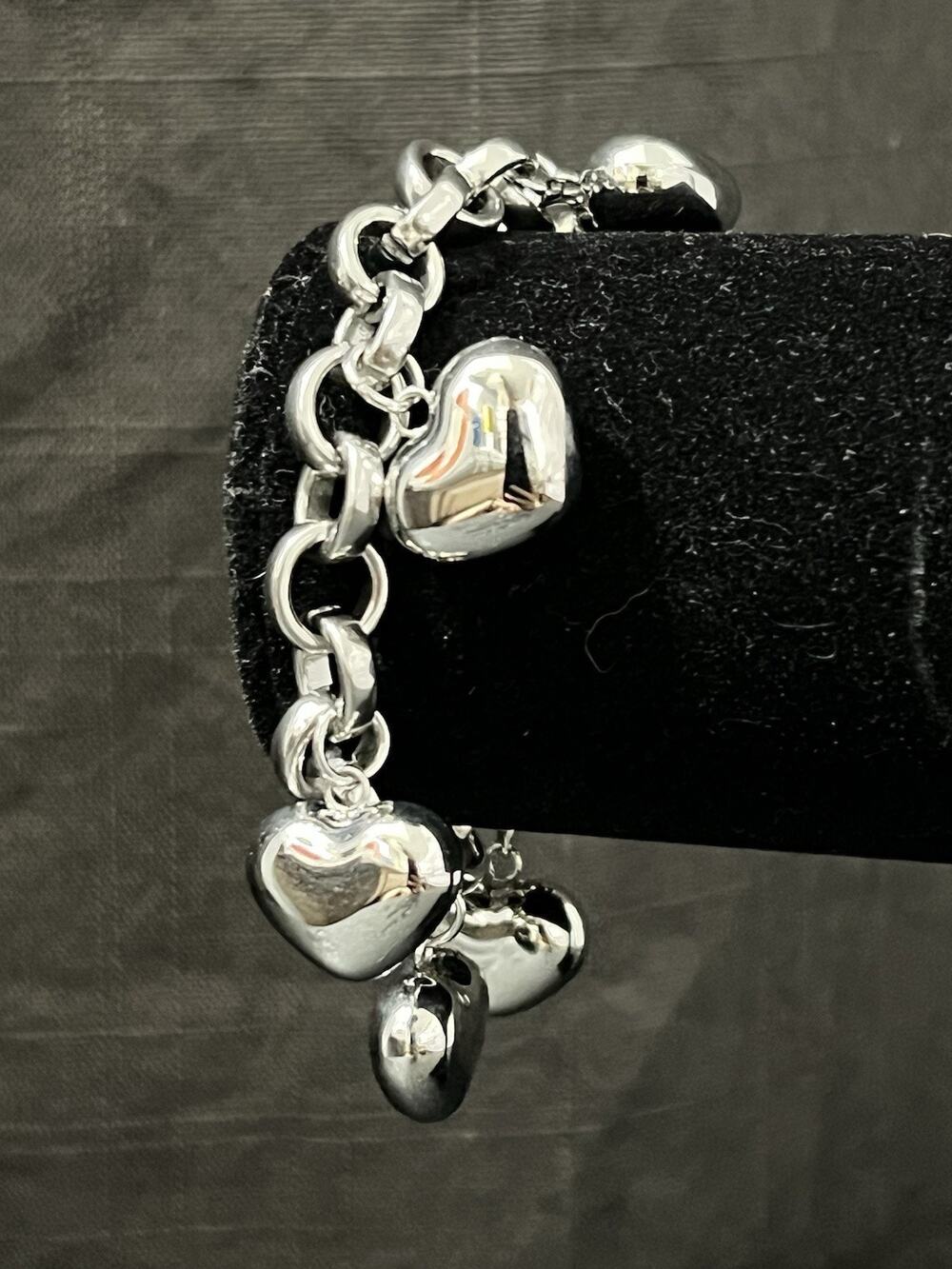 Vintage Stainless Steel Puff Heart Charm Bracelet